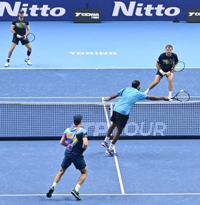 November 15, 2024, Turin: Rohan Bopanna of India and Matthew Ebden of Australia plays the match against Kevin Krawietz of Germany and Tim Puetz of Germany during the match of Nitto ATP, Tennis Herren Finals in Turin, Italy, 15 November 2024 ..The ATP men s singles world number 1 is preparing for the ATP Finals that will run from 10-17 November in Turin ANSA ALESSANDRO DI MARCO Nitto Atp Finals  - ZUMAa110 20241115_zaf_a110_034 Copyright: xAlessandroxDixMarcox