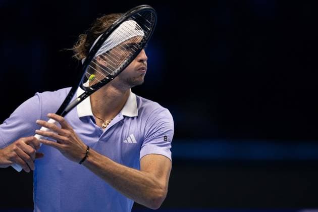 Germany s Alexander Zverev& xa0;react during the singles tennis match of the ATP, Tennis Herren World Tour Finals againstSpain s Carlos Alcaraz at the Inalpi Arena in Turin, Italy - - Friday, November 15, 2024.  Copyright: xMarcoxAlpozzi LaPressex