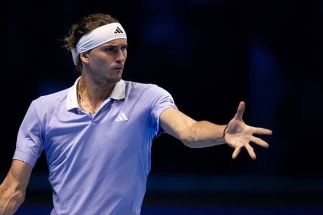 Germany s Alexander Zverev& xa0;react during the singles tennis match of the ATP, Tennis Herren World Tour Finals againstSpain s Carlos Alcaraz at the Inalpi Arena in Turin, Italy - - Friday, November 15, 2024.  Copyright: xMarcoxAlpozzi LaPressex
