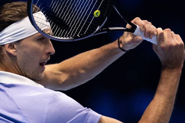 Germany s Alexander Zverev& xa0;react during the singles tennis match of the ATP, Tennis Herren World Tour Finals againstSpain s Carlos Alcaraz at the Inalpi Arena in Turin, Italy - - Friday, November 15, 2024.  Copyright: xMarcoxAlpozzi LaPressex