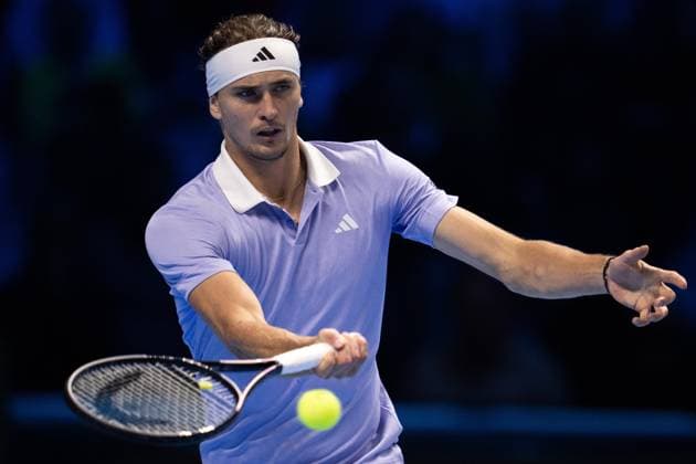 Germany s Alexander Zverev returns the ball to Spain s Carlos Alcaraz& xa0;during& xa0;their singles tennis match of the ATP, Tennis Herren World Tour Finals at the Inalpi Arena, in Turin, Italy - - Friday, November 15, 2024.  Copyright: xMarcoxAlpozzi LaPressex