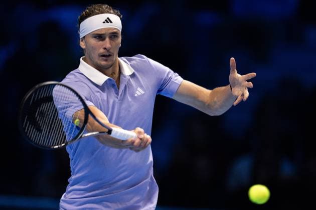 Germany s Alexander Zverev returns the ball to Spain s Carlos Alcaraz& xa0;during& xa0;their singles tennis match of the ATP, Tennis Herren World Tour Finals at the Inalpi Arena, in Turin, Italy - - Friday, November 15, 2024.  Copyright: xMarcoxAlpozzi LaPressex