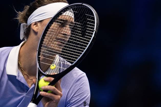 Germany s Alexander Zverev& xa0;react during the singles tennis match of the ATP, Tennis Herren World Tour Finals againstSpain s Carlos Alcaraz at the Inalpi Arena in Turin, Italy - - Friday, November 15, 2024.  Copyright: xMarcoxAlpozzi LaPressex