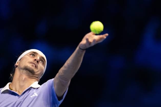 Germany s Alexander Zverev& xa0;serves to Spain s Carlos Alcaraz during the singles tennis match of the ATP, Tennis Herren World Tour Finals at the Inalpi Arena in Turin, Italy - - Thursday, November 14, 2024.  Copyright: xMarcoxAlpozzi LaPressex