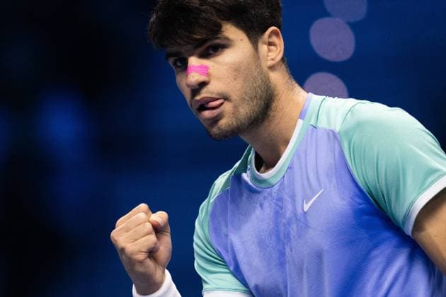 & xa0;Spain s Carlos Alcaraz react during the singles tennis match of the ATP, Tennis Herren World Tour Finals against Germany s Alexander Zverev at the Inalpi Arena in Turin, Italy - - Friday, November 15, 2024.  Copyright: xMarcoxAlpozzi LaPressex