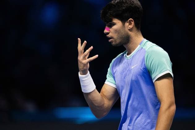 & xa0;Spain s Carlos Alcaraz react during the singles tennis match of the ATP, Tennis Herren World Tour Finals against Germany s Alexander Zverev at the Inalpi Arena in Turin, Italy - - Friday, November 15, 2024.  Copyright: xMarcoxAlpozzi LaPressex