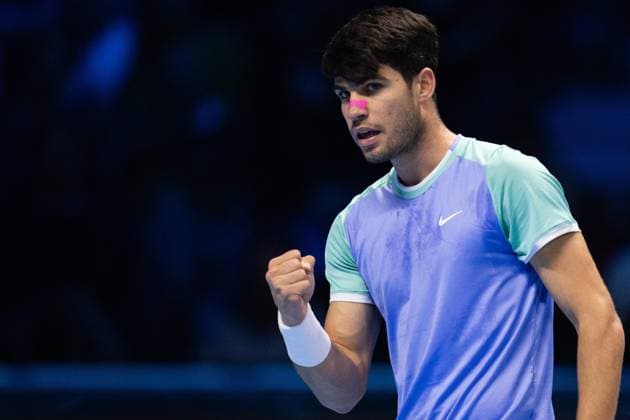 & xa0;Spain s Carlos Alcaraz react during the singles tennis match of the ATP, Tennis Herren World Tour Finals against Germany s Alexander Zverev at the Inalpi Arena in Turin, Italy - - Friday, November 15, 2024.  Copyright: xMarcoxAlpozzi LaPressex