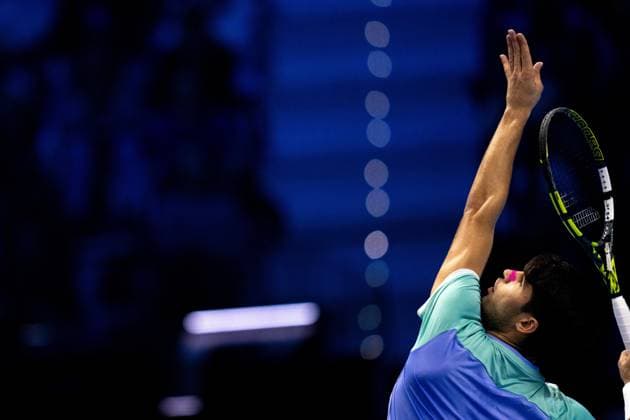 Spain s Carlos Alcaraz & xa0;serves to Germany s Alexander Zverev during the singles tennis match of the ATP, Tennis Herren World Tour Finals at the Inalpi Arena in Turin, Italy - - Friday, November 15, 2024.  Copyright: xMarcoxAlpozzi LaPressex