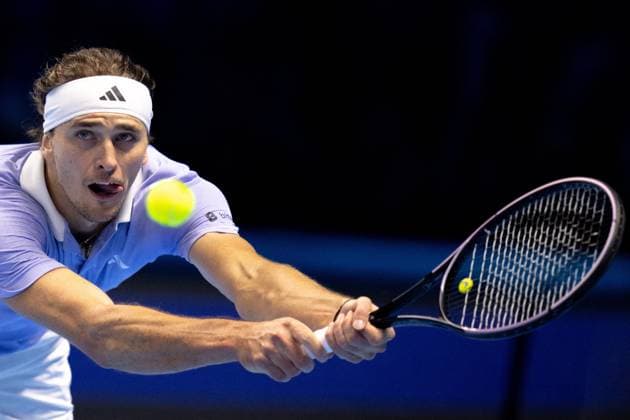 Germany s Alexander Zverev returns the ball to Spain s Carlos Alcaraz& xa0;during& xa0;their singles tennis match of the ATP, Tennis Herren World Tour Finals at the Inalpi Arena, in Turin, Italy - - Friday, November 15, 2024.  Copyright: xMarcoxAlpozzi LaPressex