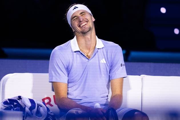 Germany s Alexander Zverev& xa0;react after 1 game during the singles tennis match of the ATP, Tennis Herren World Tour Finals againstSpain s Carlos Alcaraz at the Inalpi Arena in Turin, Italy - - Friday, November 15, 2024.  Copyright: xMarcoxAlpozzi LaPressex