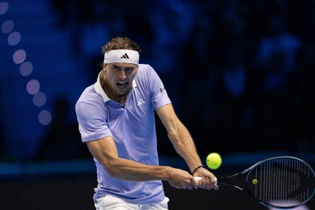 Germany s Alexander Zverev returns the ball to Spain s Carlos Alcaraz& xa0;during& xa0;their singles tennis match of the ATP, Tennis Herren World Tour Finals at the Inalpi Arena, in Turin, Italy - - Friday, November 15, 2024.  Copyright: xMarcoxAlpozzi LaPressex