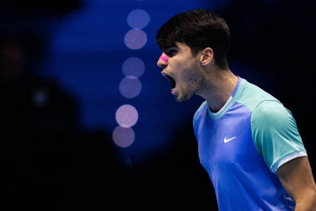 & xa0;Spain s Carlos Alcaraz react during the singles tennis match of the ATP, Tennis Herren World Tour Finals against Germany s Alexander Zverev at the Inalpi Arena in Turin, Italy - - Friday, November 15, 2024.  Copyright: xMarcoxAlpozzi LaPressex