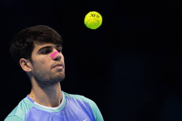 & xa0;Spain s Carlos Alcaraz react during the singles tennis match of the ATP, Tennis Herren World Tour Finals against Germany s Alexander Zverev at the Inalpi Arena in Turin, Italy - - Friday, November 15, 2024.  Copyright: xMarcoxAlpozzi LaPressex