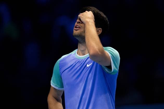 & xa0;Spain s Carlos Alcaraz react during the singles tennis match of the ATP, Tennis Herren World Tour Finals against Germany s Alexander Zverev at the Inalpi Arena in Turin, Italy - - Friday, November 15, 2024.  Copyright: xMarcoxAlpozzi LaPressex