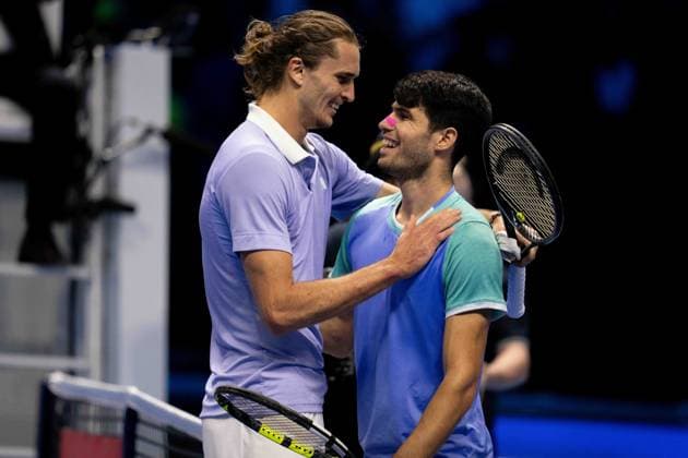 Germany s Alexander Zverev& xa0;react after winning the singles tennis match of the ATP, Tennis Herren World Tour Finals againstSpain s Carlos Alcaraz at the Inalpi Arena in Turin, Italy - - Friday, November 15, 2024.  Copyright: xMarcoxAlpozzi LaPressex