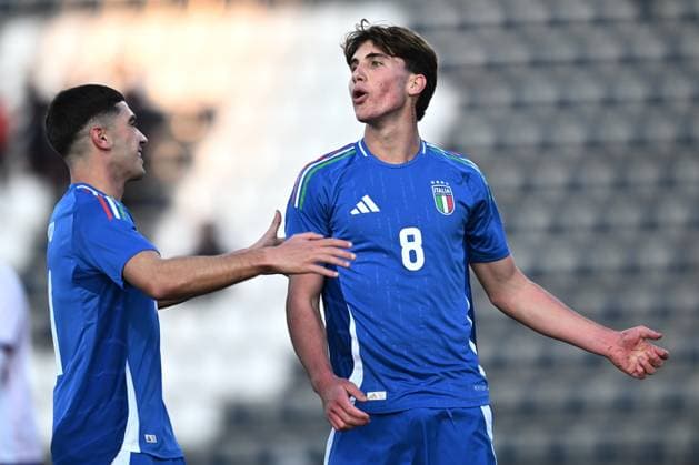 Fußball, U21 Länderspiel, Italien - Frankreich Mp Empoli 15 11 2024 - amichevole Italia-Francia U21, U 21 foto Matteo Papini Image nella foto: esultanza gol Cesare Casadei 