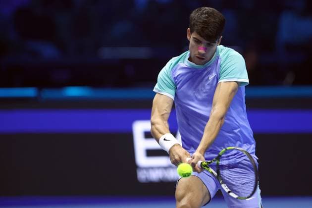 Carlos Alcaraz (Spain) controls the ball, Day 6, Nitto ATP, Tennis Herren Finals 2024, INALPI Arena, November 15, 2024, Turin, Italy.