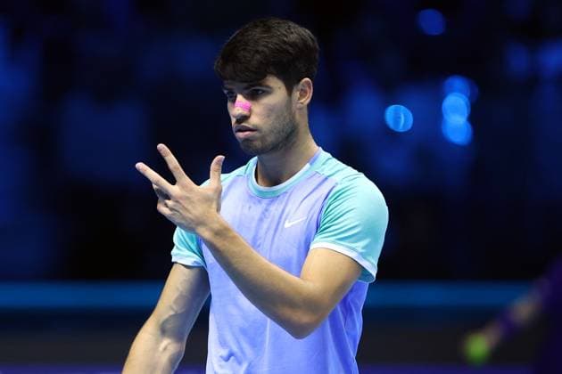 Carlos Alcaraz (Spain) gestures, Day 6, Nitto ATP, Tennis Herren Finals 2024, INALPI Arena, November 15, 2024, Turin, Italy.