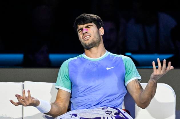 15th November 2024; Inalpi Arena, Turin, Italy; Nitto ATP, Tennis Herren Finals 2024 Day 6; Carlos Alcaraz of Spain reacts against Alexander Zverev of Germany  ActionPlus12715497 BestxImages