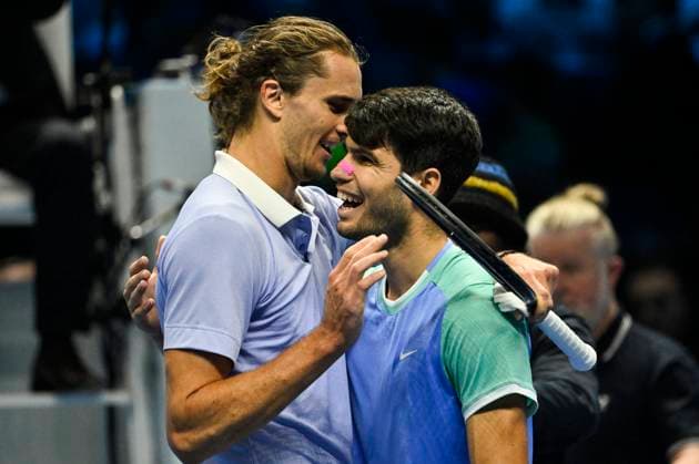 November 15, 2024: Alexander Zverev of Germany in action against Carlos Alcaraz of Spain during their Men s Single s Nitto ATP, Tennis Herren Finals match during day one of the Nitto ATP Finals at Inalpi Arena on November 15, 2024 in Turin, Italy. - ZUMAg210 20241115_abp_g210_115 Copyright: xStefanoxGuidix