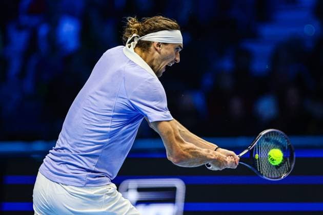 Carlos Alcaraz Vs Alexander Zverev in Turin, Italy - 15 Nov 2024 Alexander Zverev of Germany plays in the Men s Singles Round match against Carlos Alcaraz of Spain (not in view) during day six of the Nitto ATP, Tennis Herren finals 2024 at Inalpi Arena. Carlos Alcaraz VS Alexander Zverev - 2-0 Zverev. Turin Italy Copyright: xMiguelxReisx xSOPAxImagesx ATF Finals2 MR-4909