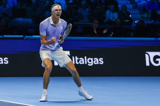 November 15, 2024, Turin, Italy: Alexander Zverev of Germany celebrates during Men s Singles Group Stage match against Carlos Alcaraz of Spain on six four of the Nitto ATP, Tennis Herren Finals 2024 at Inalpi Arena Turin Italy - ZUMAs197 20241115_aaa_s197_159 Copyright: xFabrizioxCarabellix
