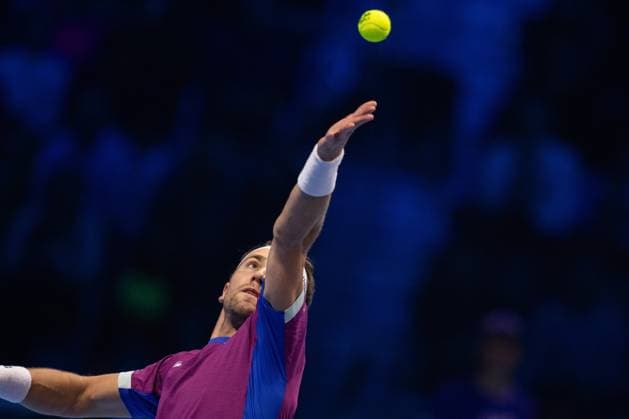 & xa0;Norway s Casper Ruud serves to Russia s Andrey Rublev& xa0;during the singles tennis match of the ATP, Tennis Herren World Tour Finals at the Inalpi Arena in Turin, Italy - - Friday, November 15, 2024.  Copyright: xMarcoxAlpozzi LaPressex