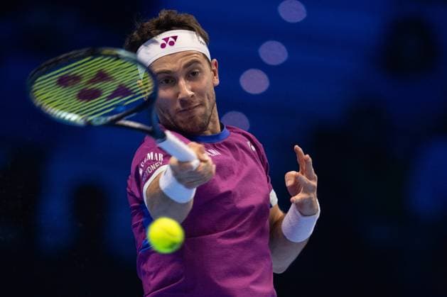 Norway s Casper Ruud& xa0;serves to Russia s Andrey Rublev during the singles tennis match of the ATP, Tennis Herren World Tour Finals at the Inalpi Arena in Turin, Italy - - Friday, November 15, 2024.  Copyright: xMarcoxAlpozzi LaPressex
