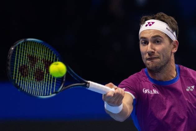 Norway s Casper Ruud& xa0;serves to Russia s Andrey Rublev during the singles tennis match of the ATP, Tennis Herren World Tour Finals at the Inalpi Arena in Turin, Italy - - Friday, November 15, 2024.  Copyright: xMarcoxAlpozzi LaPressex