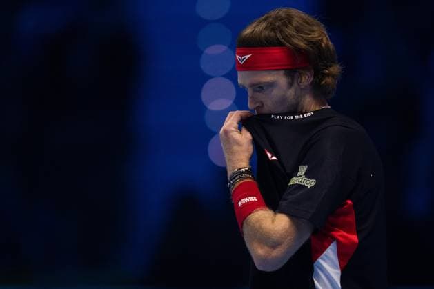 Russia s Andrey Rublev react during the singles tennis match of the ATP, Tennis Herren World Tour Finals against Norway s Casper Ruud at the Inalpi Arena in Turin, Italy - - Friday, November 15, 2024.  Copyright: xMarcoxAlpozzi LaPressex