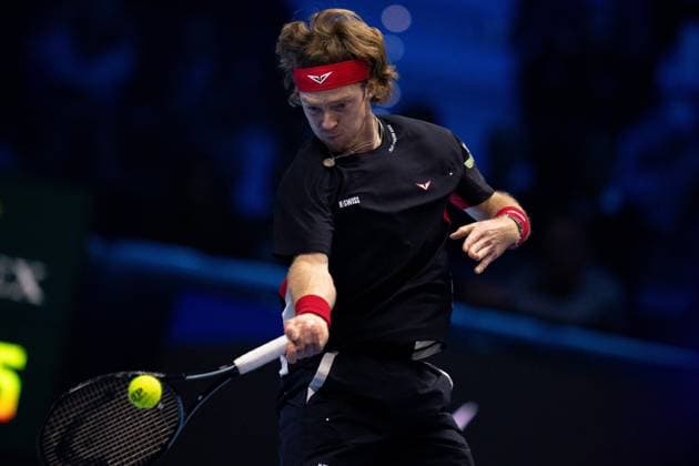 Russia s Andrey Rublev& xa0;serves to Norway s Casper Ruud during the singles tennis match of the ATP, Tennis Herren World Tour Finals at the Inalpi Arena in Turin, Italy - - Friday, November 15, 2024.  Copyright: xMarcoxAlpozzi LaPressex