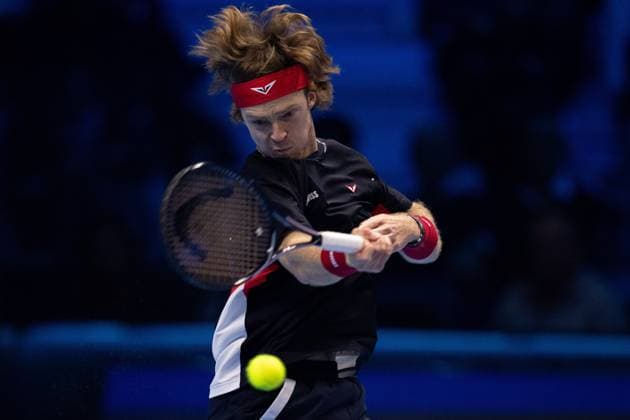 Russia s Andrey Rublev& xa0;serves to Norway s Casper Ruud during the singles tennis match of the ATP, Tennis Herren World Tour Finals at the Inalpi Arena in Turin, Italy - - Friday, November 15, 2024.  Copyright: xMarcoxAlpozzi LaPressex