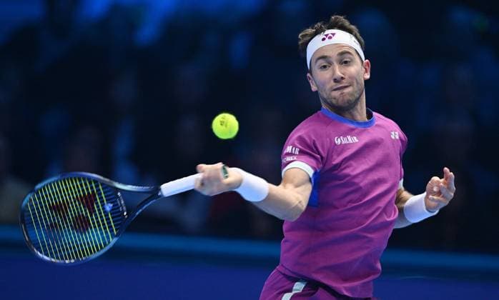 November 15, 2024, Turin: Casper Ruud of Norway plays the match against Andrey Rublev of Russia during the match of Nitto ATP, Tennis Herren Finals in Turin, Italy, 15 November 2024 ..The ATP men s singles world number 1 is preparing for the ATP Finals that will run from 10-17 November in Turin ANSA ALESSANDRO DI MARCO Nitto Atp Finals  - ZUMAa110 20241115_zaf_a110_076 Copyright: xAlessandroxDixMarcox