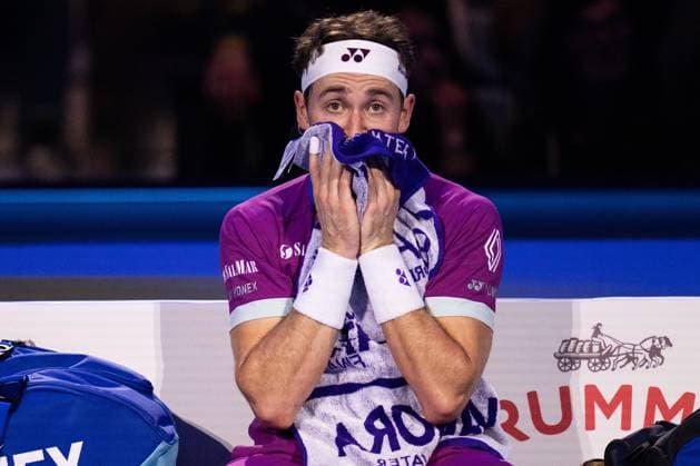 Norway s Casper Ruud react during the singles tennis match of the ATP, Tennis Herren World Tour Finals against Russia s Andrey Rublev& xa0;at the Inalpi Arena in Turin, Italy - - Friday, November 15, 2024.  Copyright: xMarcoxAlpozzi LaPressex