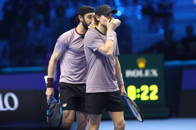 Jordan Thompson (Australia) und Max Purcell (Australia) speaks with, Day 7, Nitto ATP, Tennis Herren Finals 2024, INALPI Arena, November 16, 2024, Turin, Italy.