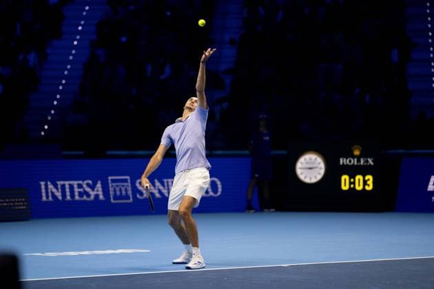 Germany s Alexander Zverev serves to United States Taylor Fritz during the singles tennis match of the ATP, Tennis Herren World Tour Finals at the Inalpi Arena in Turin, Italy - - Saturday, November 16, 2024.  Copyright: xMarcoxAlpozzi LaPressex