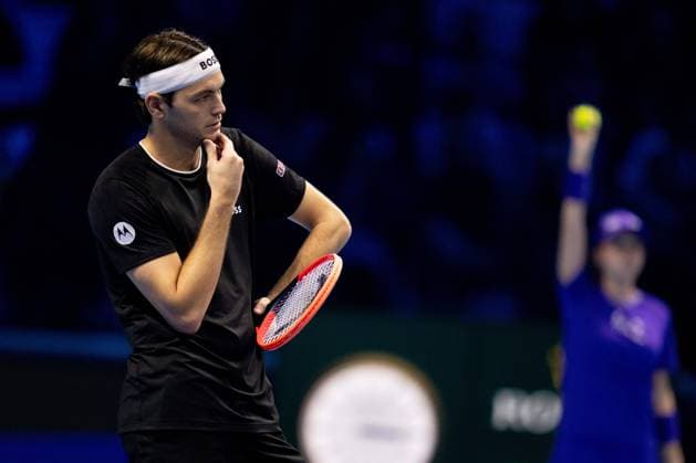 United States Taylor Fritz react at vide review during the singles tennis match of the ATP, Tennis Herren World Tour Finals against Germany s Alexander Zverev at the Inalpi Arena in Turin, Italy - - Saturday, November 16, 2024.  Copyright: xMarcoxAlpozzi LaPressex