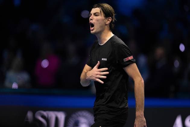 United StatesÕ Taylor Fritz react after wining the singles tennis match of the ATP, Tennis Herren World Tour Finals against Germany s Alexander Zverev at the Inalpi Arena in Turin, Italy - - Saturday, November 16, 2024.  Copyright: xMarcoxAlpozzi LaPressex