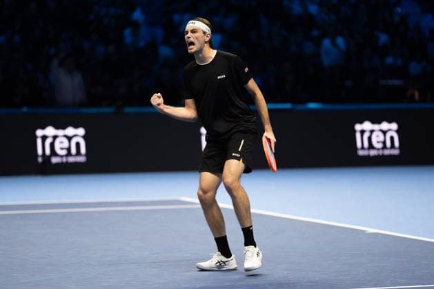 United StatesÕ Taylor Fritz react after wining the singles tennis match of the ATP, Tennis Herren World Tour Finals against Germany s Alexander Zverev at the Inalpi Arena in Turin, Italy - - Saturday, November 16, 2024.  Copyright: xMarcoxAlpozzi LaPressex