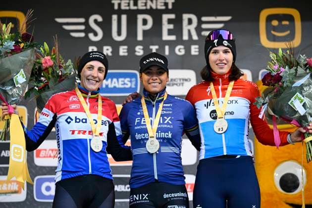 2024 Superprestige Cyclocross Merksplas MERKSPLAS, BELGIUM - NOVEMBER 16 : Brand Lucinda (NED) of Baloise Trek Lions, Del Carmen Alvarado Ceylin (NED) of Alpecin-Deceuninck and Schreiber Marie (LUX) of Sd Workx pictured during the podium ceremony after the 4th leg of the women elite 2024 - 2025 Telenet Superprestige cyclocross race : the Aardbeiencross of Merksplas on November 16, 2024 in Merksplas, Belgium, 16 11 2024 Merksplas Belgium  Copyright: xNicoxVereeckenx