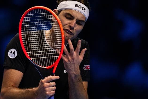 United StatesÕ Taylor Fritz react during the singles tennis match of the ATP, Tennis Herren World Tour Finals against Germany s Alexander Zverev at the Inalpi Arena in Turin, Italy - - Saturday, November 16, 2024.  Copyright: xMarcoxAlpozzi LaPressex