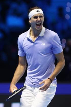 Sport Bilder des Tages Alexander Zverev (Germany) looks on, controls the ball, celebrates, Day 7, Nitto ATP, Tennis Herren Finals 2024, INALPI Arena, November 16, 2024, Turin, Italy.