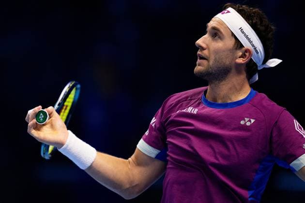 Norway s Casper Ruud react during the singles tennis match of the ATP, Tennis Herren World Tour Finals against Italy s Jannik Sinner at the Inalpi Arena in Turin, Italy - - Saturday, November 16, 2024.  Copyright: xMarcoxAlpozzi LaPressex