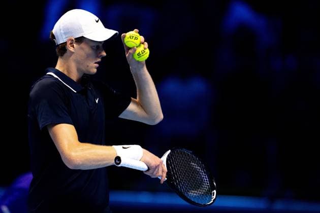Italy s Jannik Sinner react during the singles tennis match of the ATP, Tennis Herren World Tour Finals against Norway s Casper Ruud at the Inalpi Arena in Turin, Italy - - Saturday, November 16, 2024.  Copyright: xMarcoxAlpozzi LaPressex