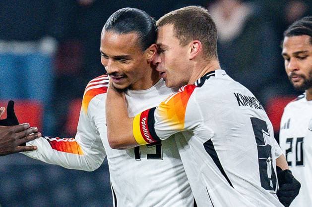 Sport Themen der Woche KW46 Sport Bilder des Tages 16.11.2024, Deutschland vs. Bosnien, Nations League, 5. Spieltag, Gruppa A Tor zum 6:0 durch Leroy Sane hier mit Joshua Kimmich (Deutschland, 6) *** 16 11 2024, Germany vs Bosnia, Nations League, Matchday 5, Gruppa A Goal for 6 0 by Leroy Sane here with Joshua Kimmich Germany, 6 Copyright: xBahhoxKarax