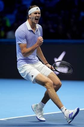 (241117) -- TURIN, Nov. 17, 2024 -- Alexander Zverev celebrates a point during the men s singles semifinal between Alexander Zverev of Germany and Taylor Fritz of the United States at the Nitto ATP, Tennis Herren Finals in Turin, Italy, Nov. 16, 2024. (SP)ITALY-TURIN-TENNIS-NITTO ATP FINALS-SEMIFINAL-ZVEREV VS FRITZ (Xinhua) 