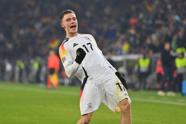Goal celebration Florian Wirtz GER after scoring 4 0, cheering, joy, enthusiasm, action, single image, cropped single motif, half figure, half figure Football UEFA Nations League Germany GER Bosnia Herzegovina BIH 7 0 on 16 10 2024 at Europa Parks Stadium Freiburg,