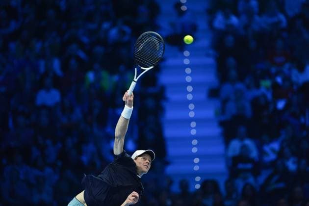 (241117) -- TURIN, Nov. 17, 2024 -- Jannik Sinner serves during the men s singles semifinal between Jannik Sinner of Italy and Casper Ruud of Norway at the Nitto ATP, Tennis Herren Finals in Turin, Italy, Nov. 16, 2024. ) (SP)ITALY-TURIN-TENNIS-NITTO ATP FINALS-SEMIFINAL-SINNER VS RUUD LixJing 
