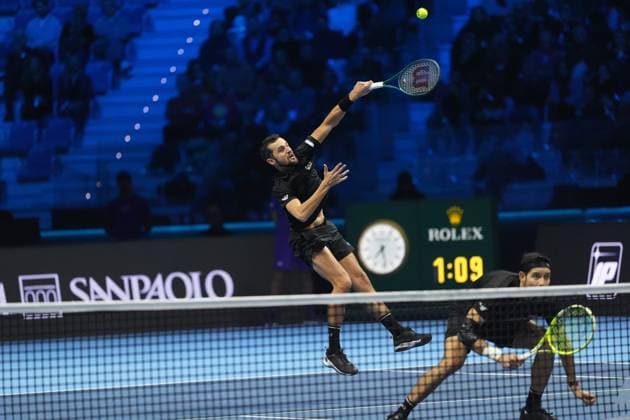 (241117) -- TURIN, Nov. 17, 2024 -- Marcelo Arevalo (R) of El Salvador and Mate Pavic of Croatia compete during the men s doubles semifinal match against Henry Patten of Britain and Harri Heliovaara of Finland at the Nitto ATP, Tennis Herren Finals in Turin, Italy, on Nov. 16, 2024. ) (SP)ITALY-TURIN-TENNIS-NITTO ATP FINALS-SEMIFINAL-MEN S DOUBLES LixJing 