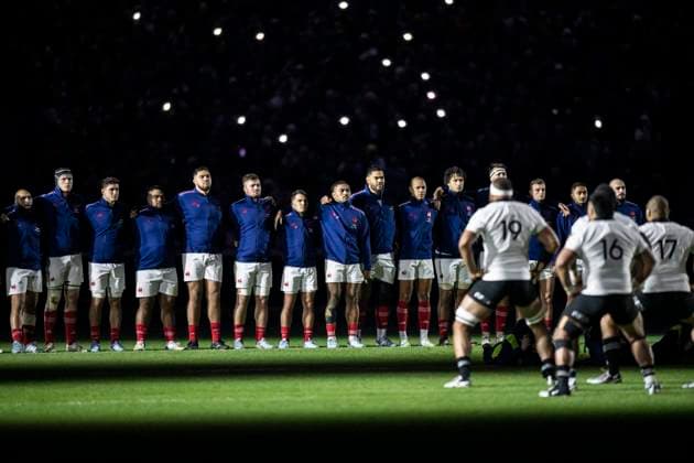 Sport Themen der Woche KW46 Sport Bilder des Tages Autumn Nations Series - France Defeat New Zealand New Zealand s players perform a haka in front of Antoine Dupont and French Rugby team before the Autumn Nations Series international rugby union test match between France and New Zealand at the Stade de France in Saint-Denis, north of Paris, France on November 16, 2024. Photo by Eliot Blondet ABACAPRESS.COM Saint Denis France  Copyright: xBlondetxEliot ABACAx